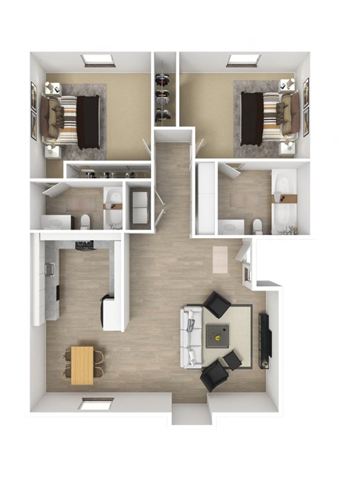 Two bedrooms two bathrooms apartment floorplan